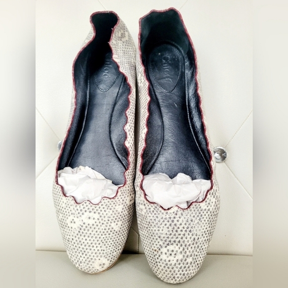 Chloe 100%Auth WomenScalloped Snakeskin Ballet Flats Genuine Leather Gray US 8.5 - Picture 12 of 16